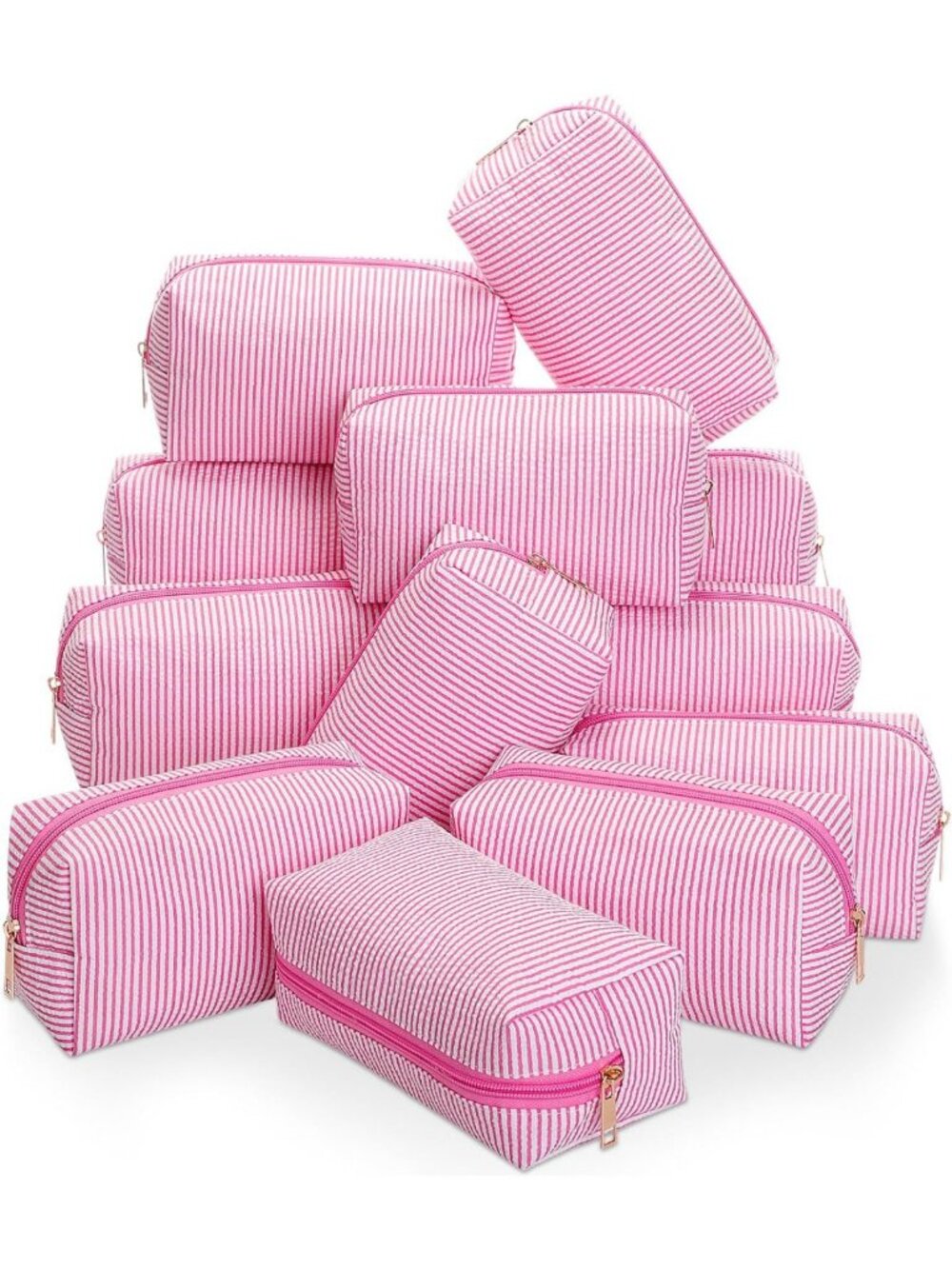 12 Pcs Striped Seersucker Cosmetic Bags Set - Pink Zippered Travel Organizers